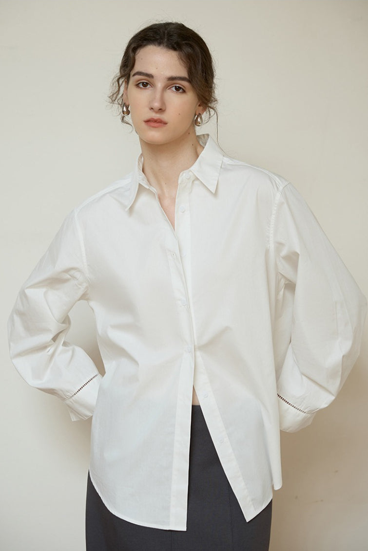 Collared Long Sleeve Curved Hem Relaxed Button Front Shirt 6