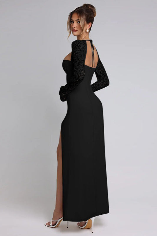Lace Long Sleeve Sweetheart Neck Tie Front Bustier High Split Maxi Gown