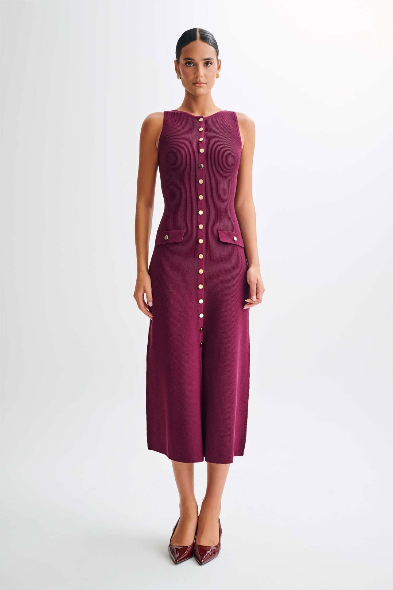 Buttoned Edition Crewneck Sleeveless Knit Bodycon Maxi Sweater Dress