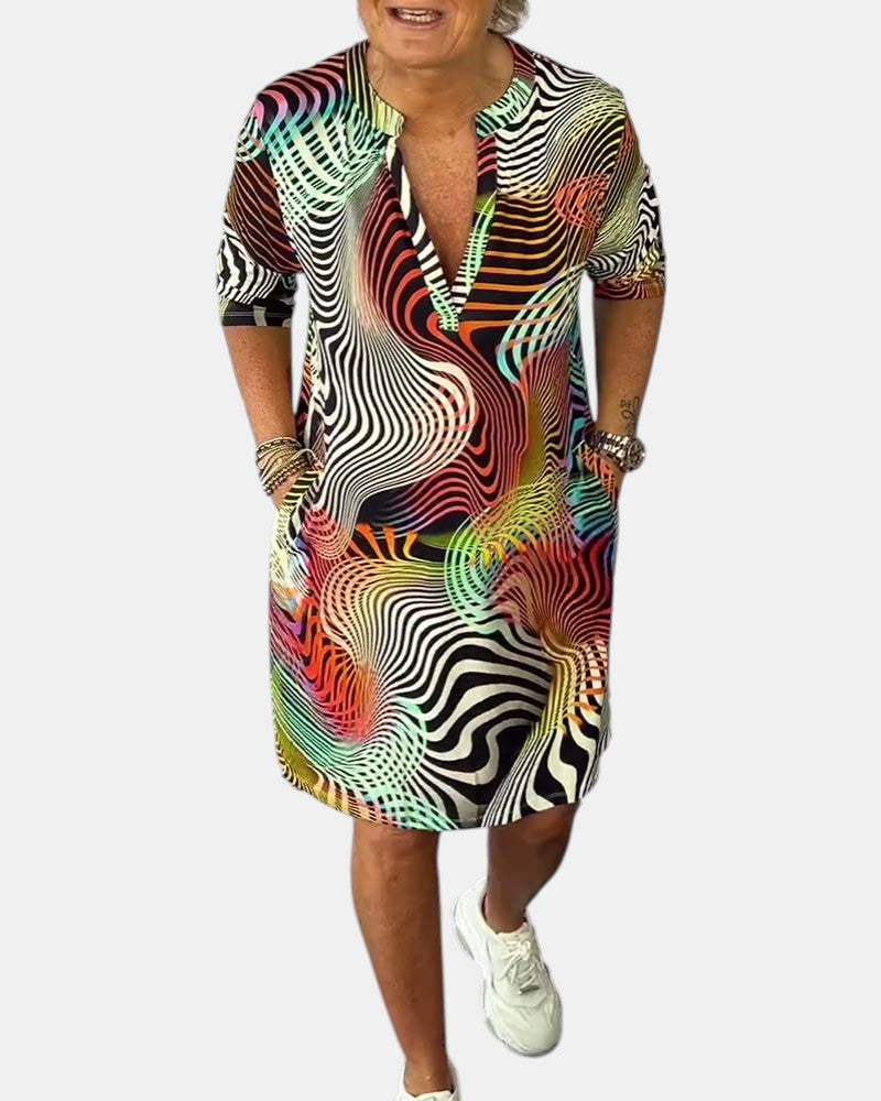 Abstract Print V-Neck Roll Sleeve Shirt Dress