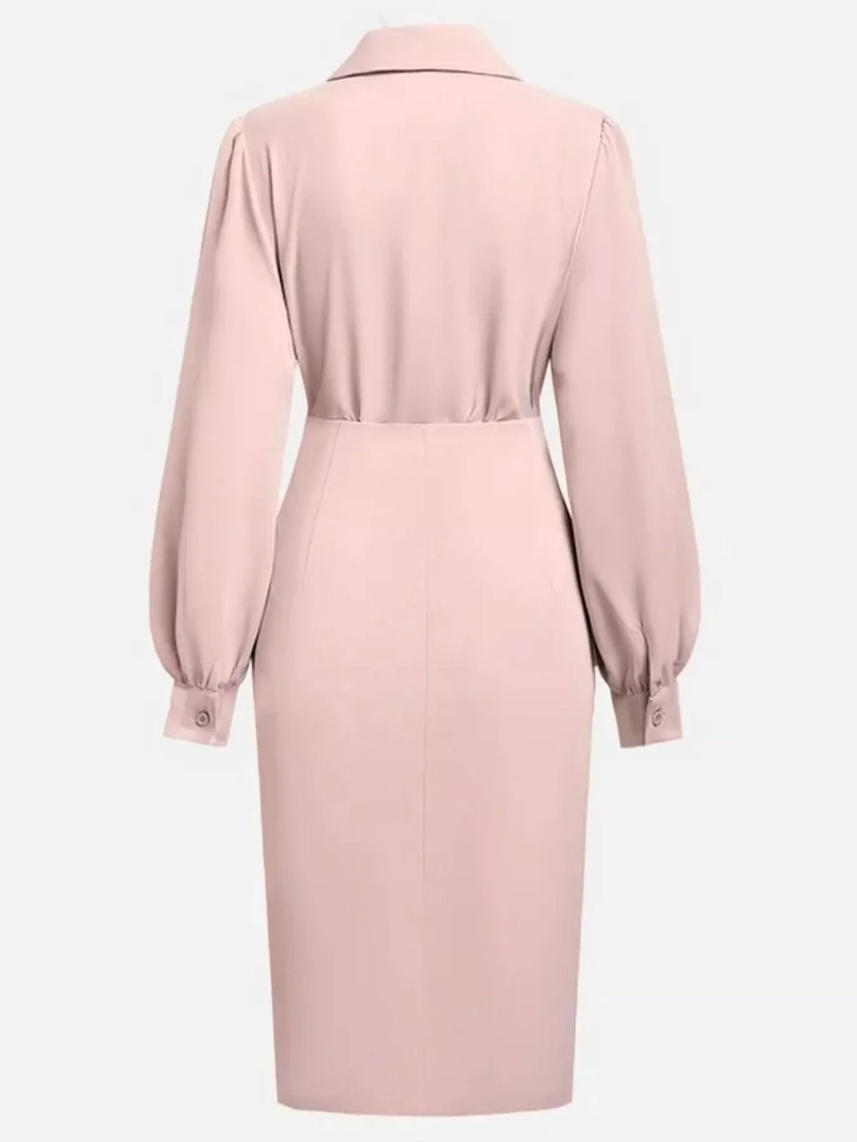 Collared V-Neck Puff Sleeve Ruched Side Slit Midi Shirt Dress 13