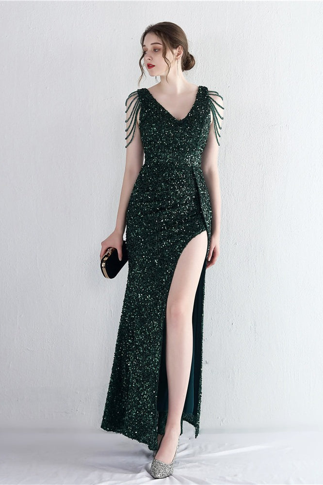 Sequin V-Neck Beaded Fringe High Split Mermaid Gown