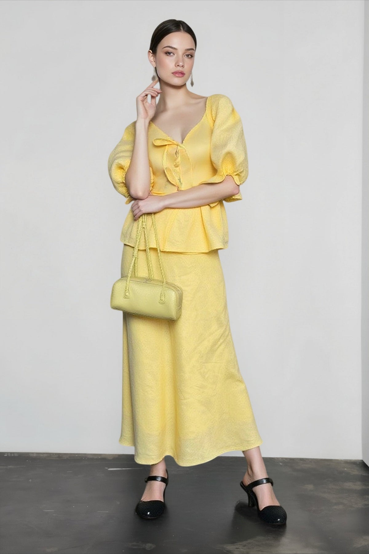 Puff Sleeve Tie Front Peplum Top and Midi Skirt Two Piece Set