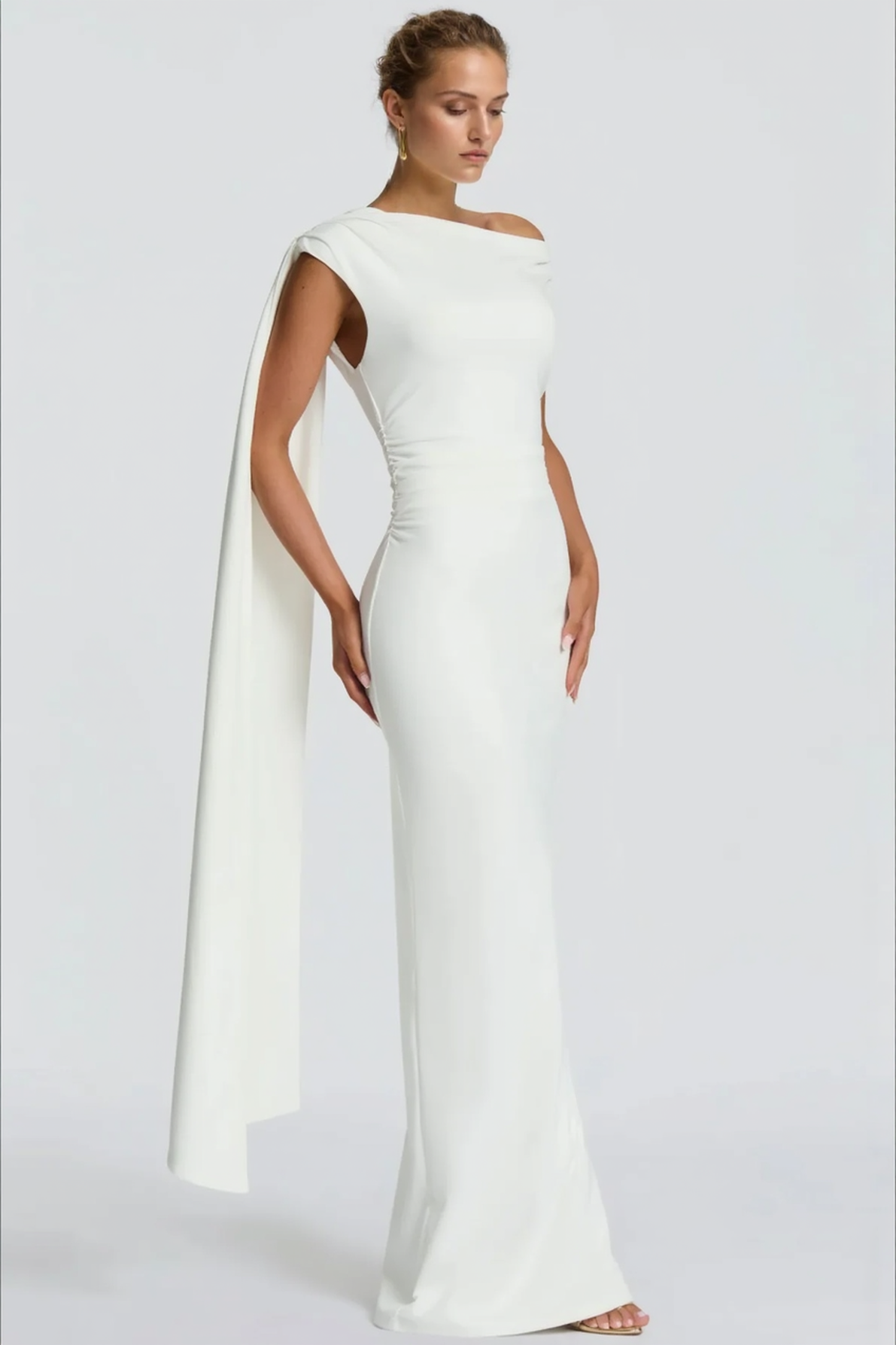 Sexy Asymmetrical Neck Long Sleeve Fitted Ruched High Waist Party Dress 5