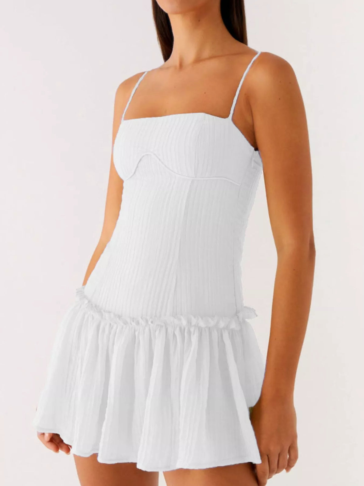 Textured Square Neck Cami Drop Waist Ruffle Hem Mini Dress 16