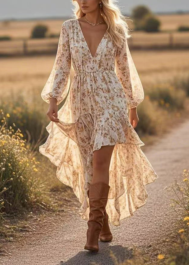 Floral Deep V-Neck Balloon Sleeve High Low Ruffle Tier Midi Dress