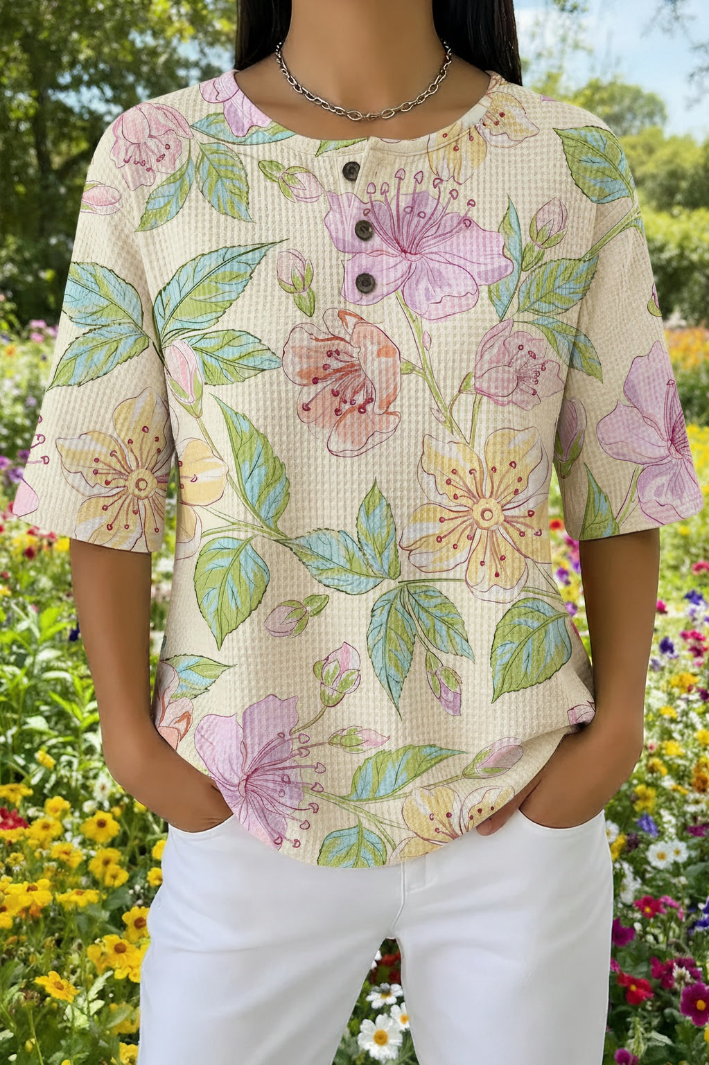 Womens Cream Watercolor Floral Print Casual Shirt