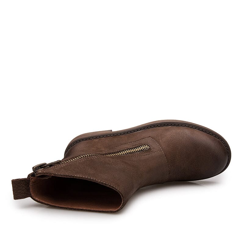 Full Grain Leather Zip Boots Retro Women Chunky Ankle Boots Black/Coffee