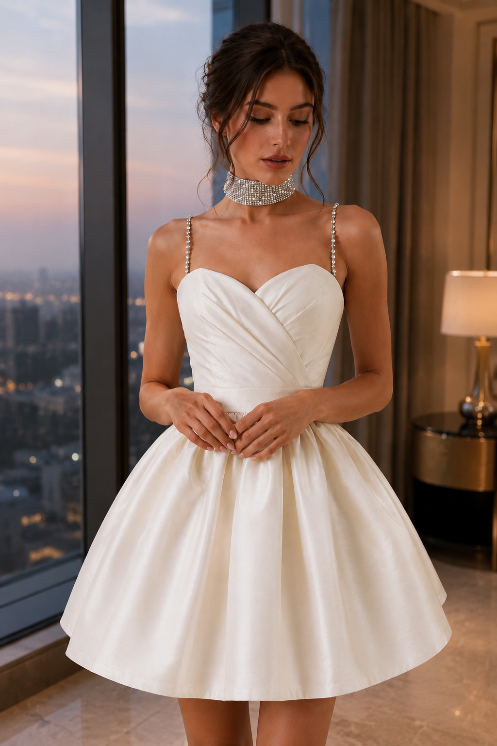Ruched Crystal Rhinestone Mini Slip Dress