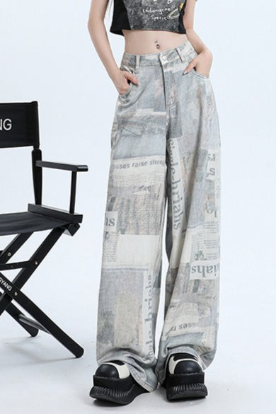 Newspaper Print Wide Leg Jean