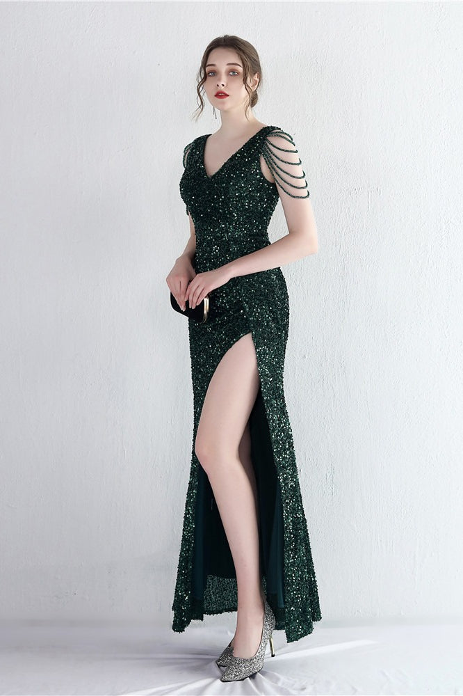 Sequin V-Neck Beaded Fringe High Split Mermaid Gown