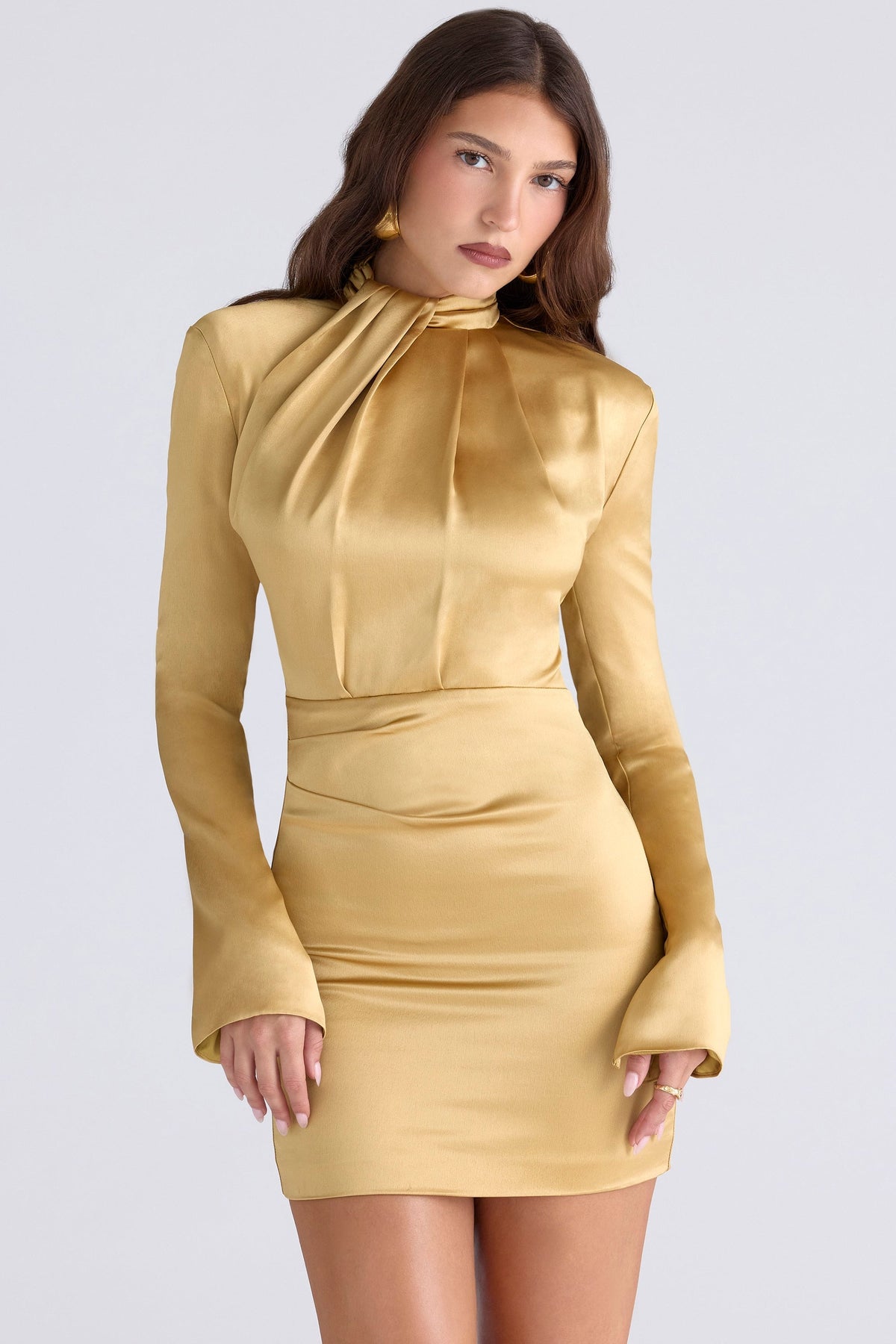 Satin Twist Mock Neck Long Sleeve Shoulder Pad Mini Dress 4