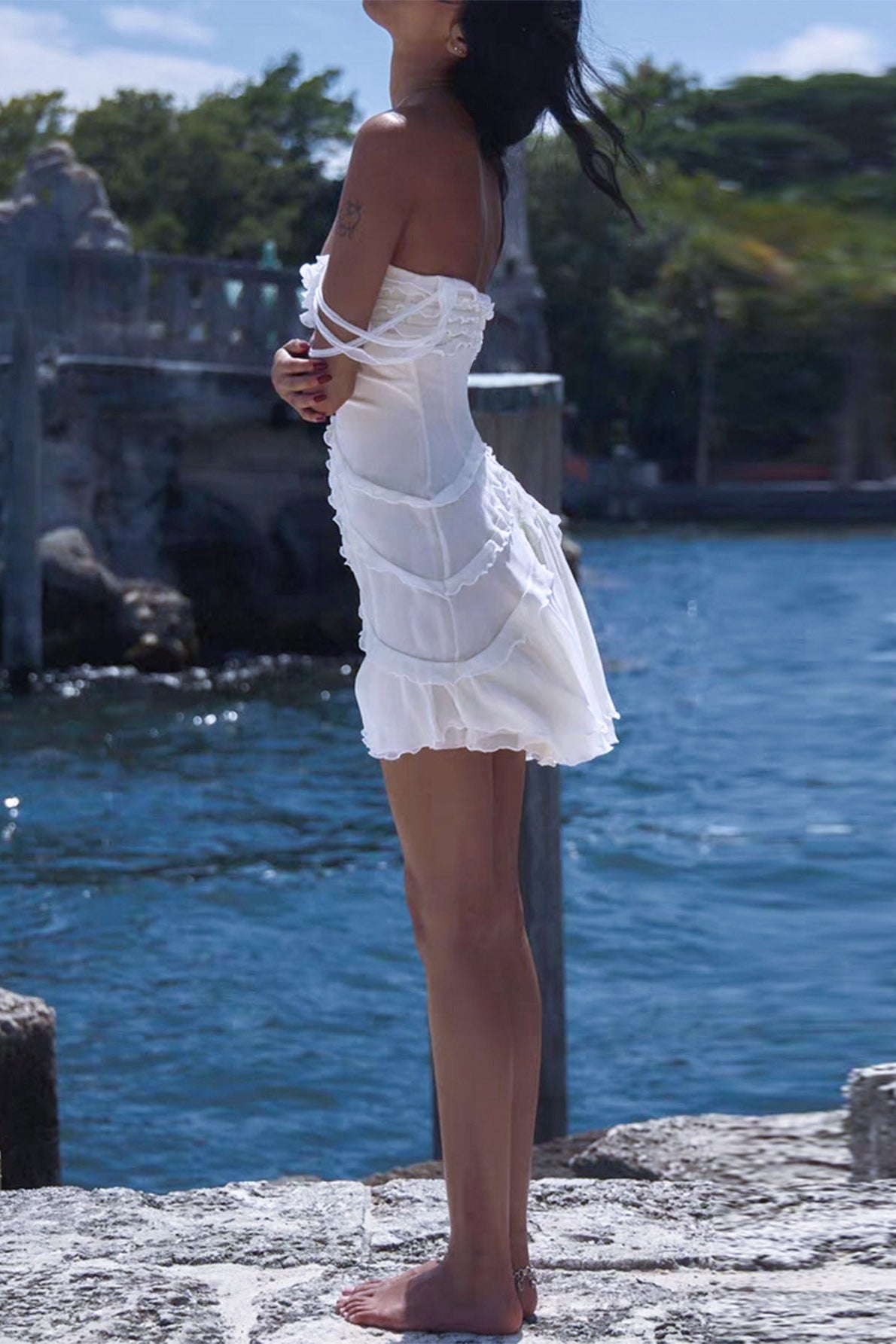 Sheer Mesh Off Shoulder Ruffle Ruched Bodycon Mini Dress