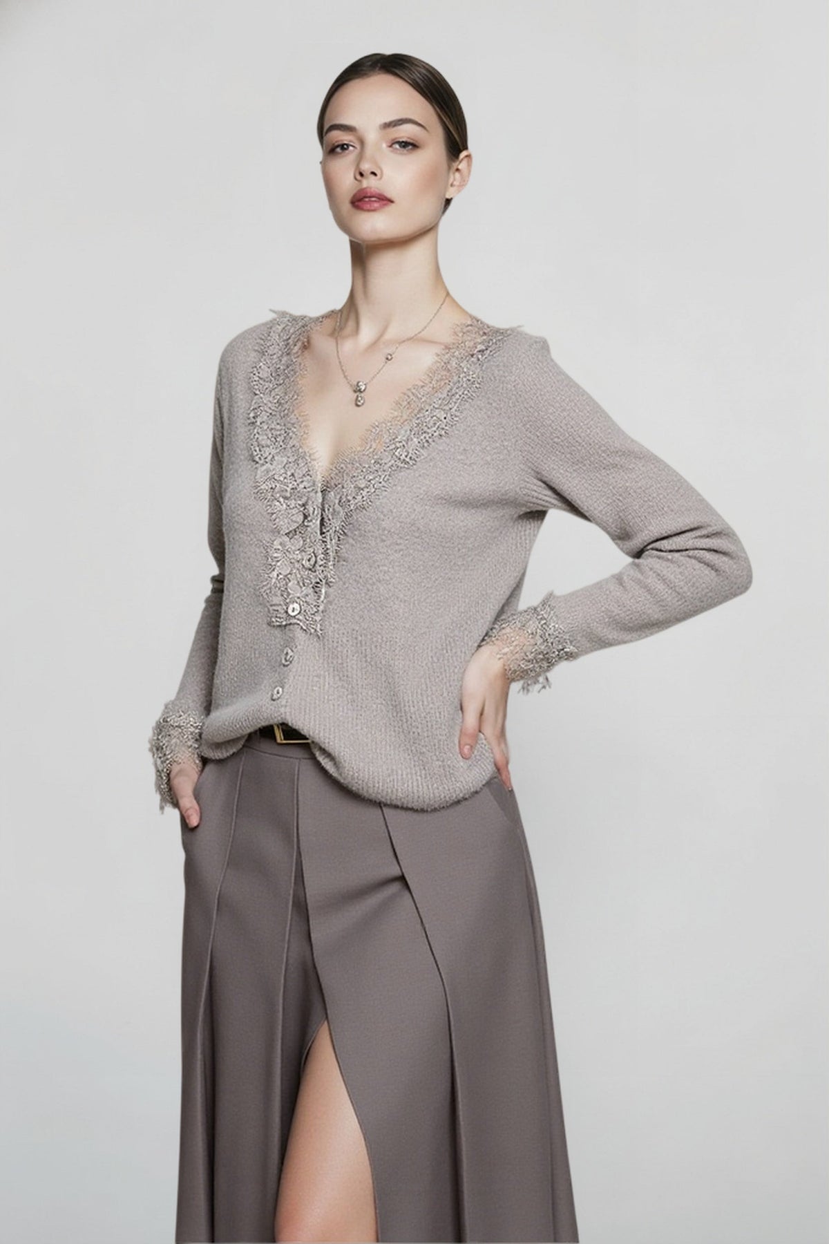 Lace Trim V-Neck Long Sleeve Button Front Slim Knit Cardigan 2