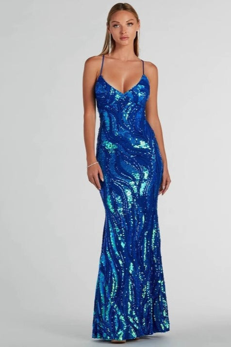 Sequin V-Neck Lace Up Back Mermaid Gown