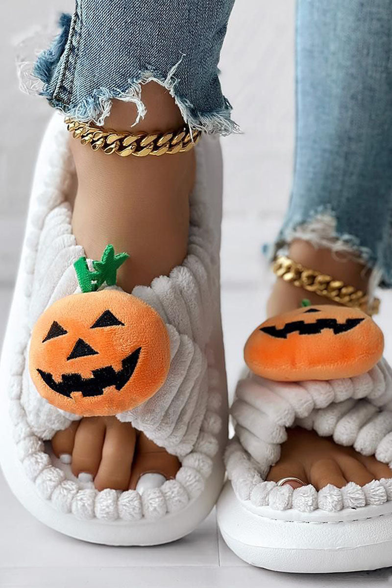 Halloween-Themed Cross Strap Fuzzy Slippers Featuring Pumpkin Patterns
