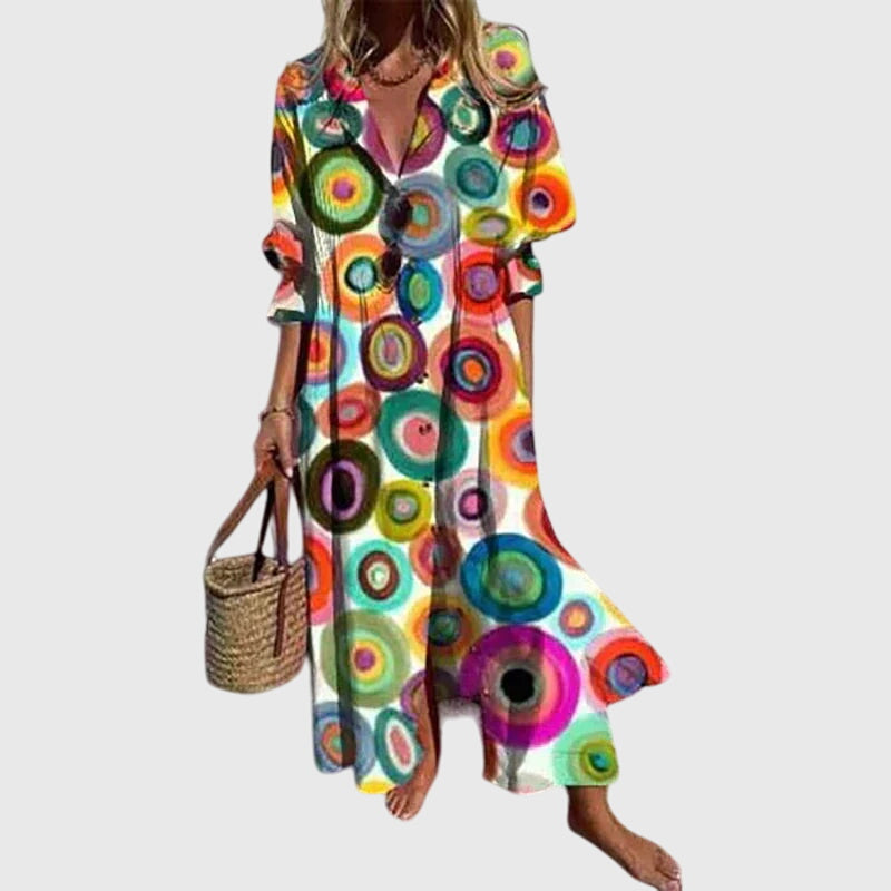 Watercolor Floral Print Split Neck Long Sleeve Maxi Dress