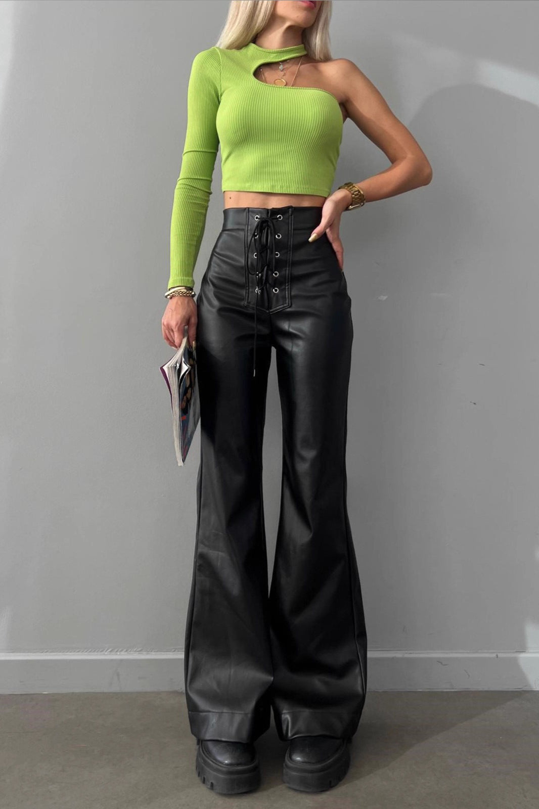 High Waist Flared Leather Casual Pants