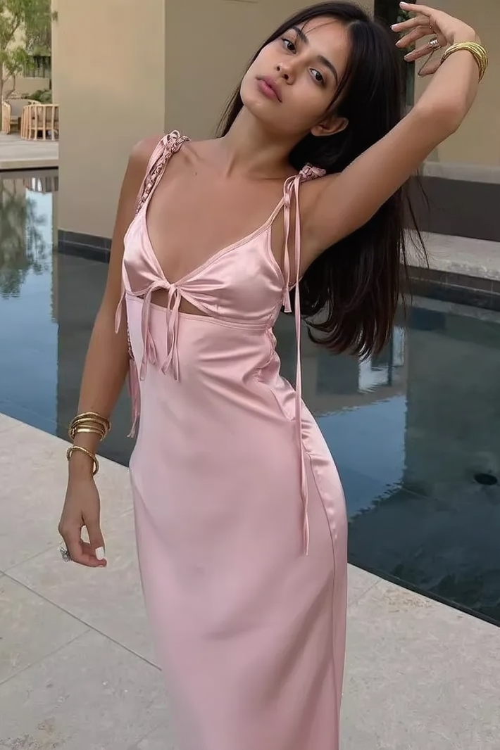 Sexy Deep V Tie Spaghetti Strap Satin Sleeveless Party Dress