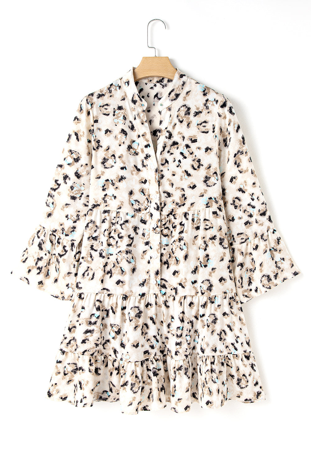 Khaki Leopard Print Buttoned Front 3 4 Sleeve Tiered Ruffled Hem Dress