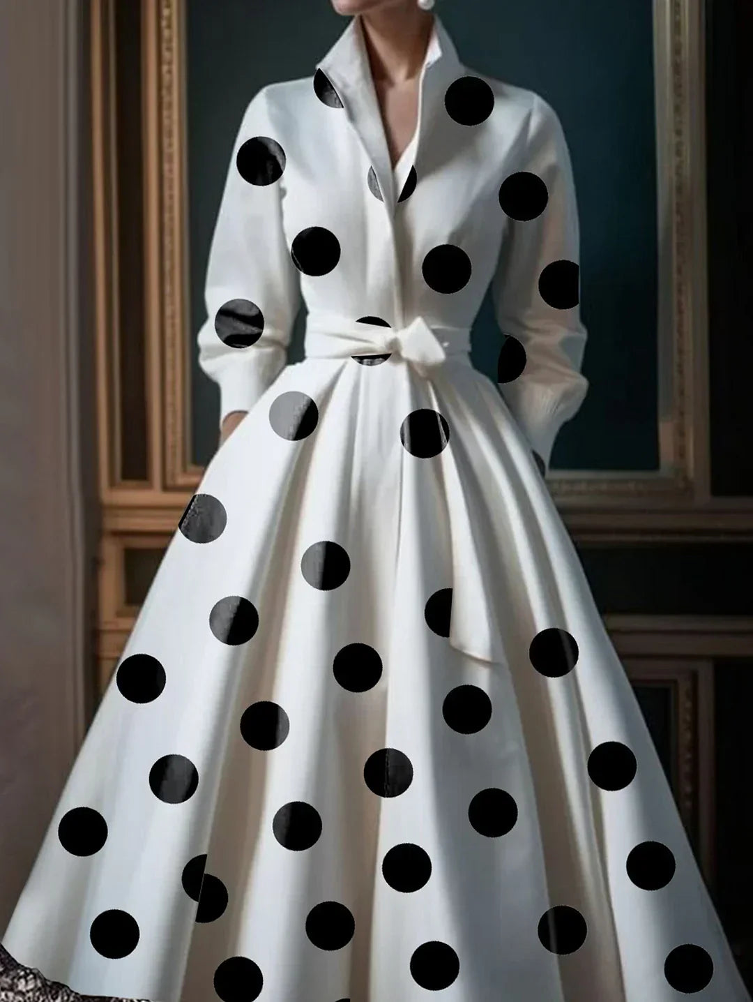 Polka Dot Lace Patchwork Belt Pocket Midi Dress - View 2