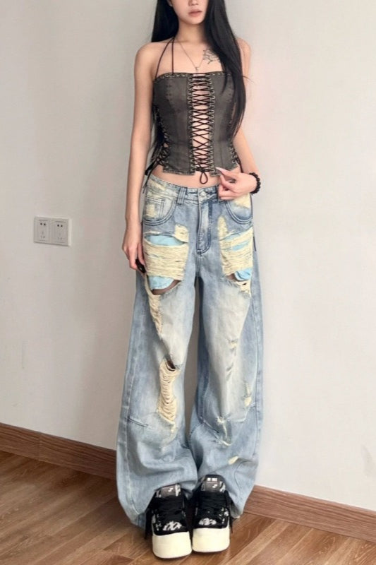 Light Wash Distressed Ripped Straight Low Rise Wide Leg Jeans
