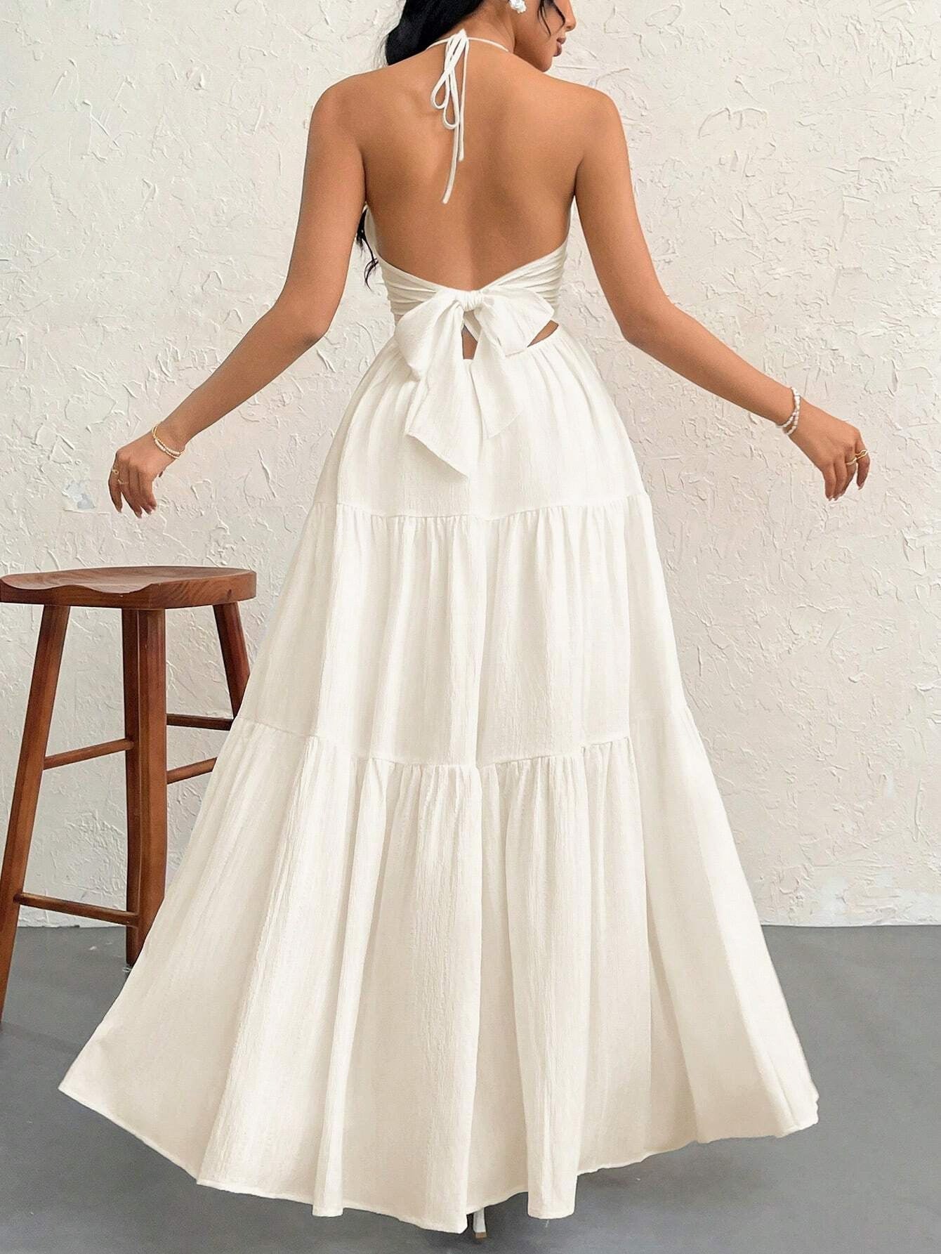 Halter Deep V-Neck Backless Tiered A-Line Maxi Dress 2