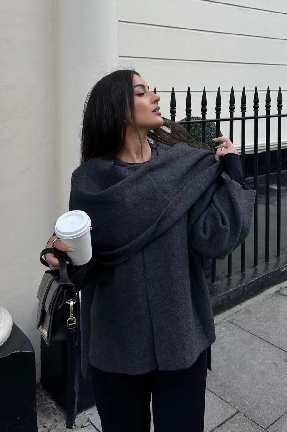 Cropped Knit Asymmetric Scarf Collar Coat