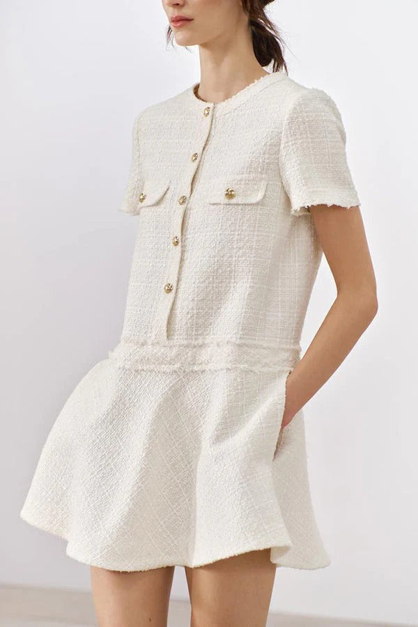 Textured Boucle Gold Button Short Sleeve A-Line Mini Dress