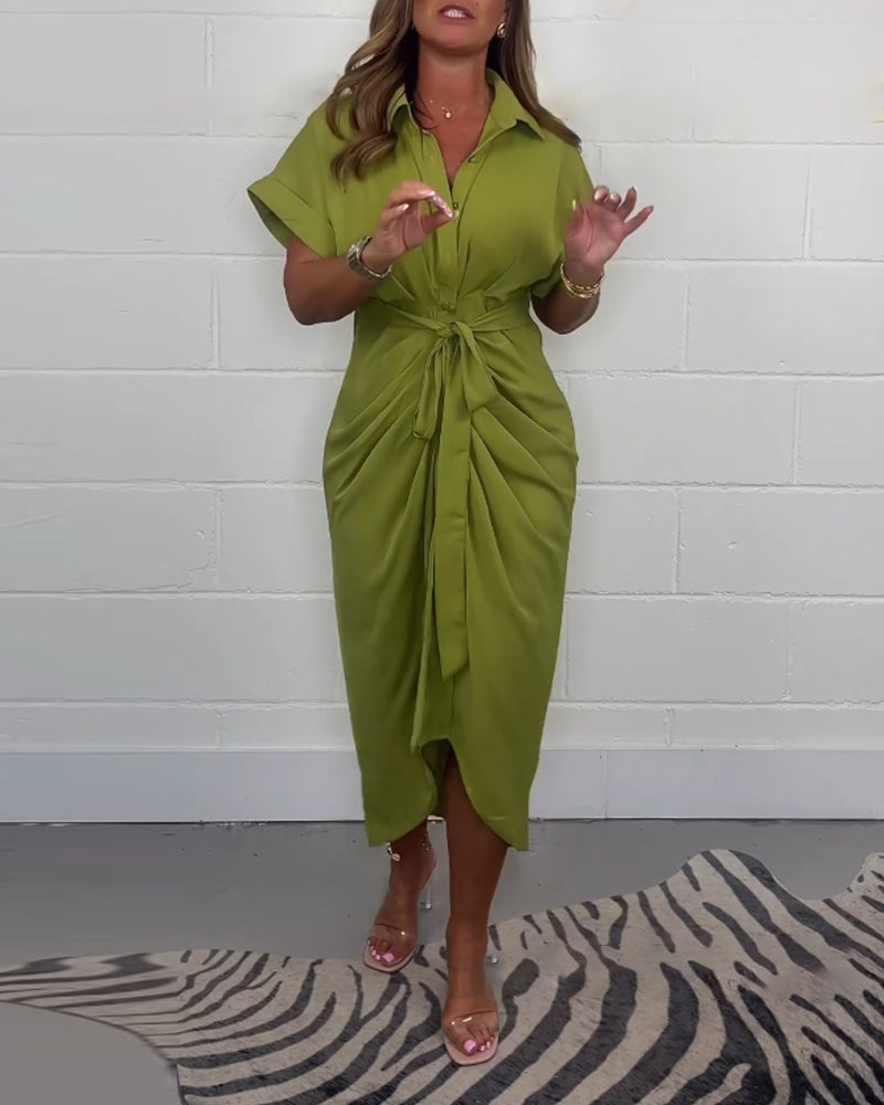Collared Short Sleeve Tie Waist Ruched High Low Shirt Dress 6