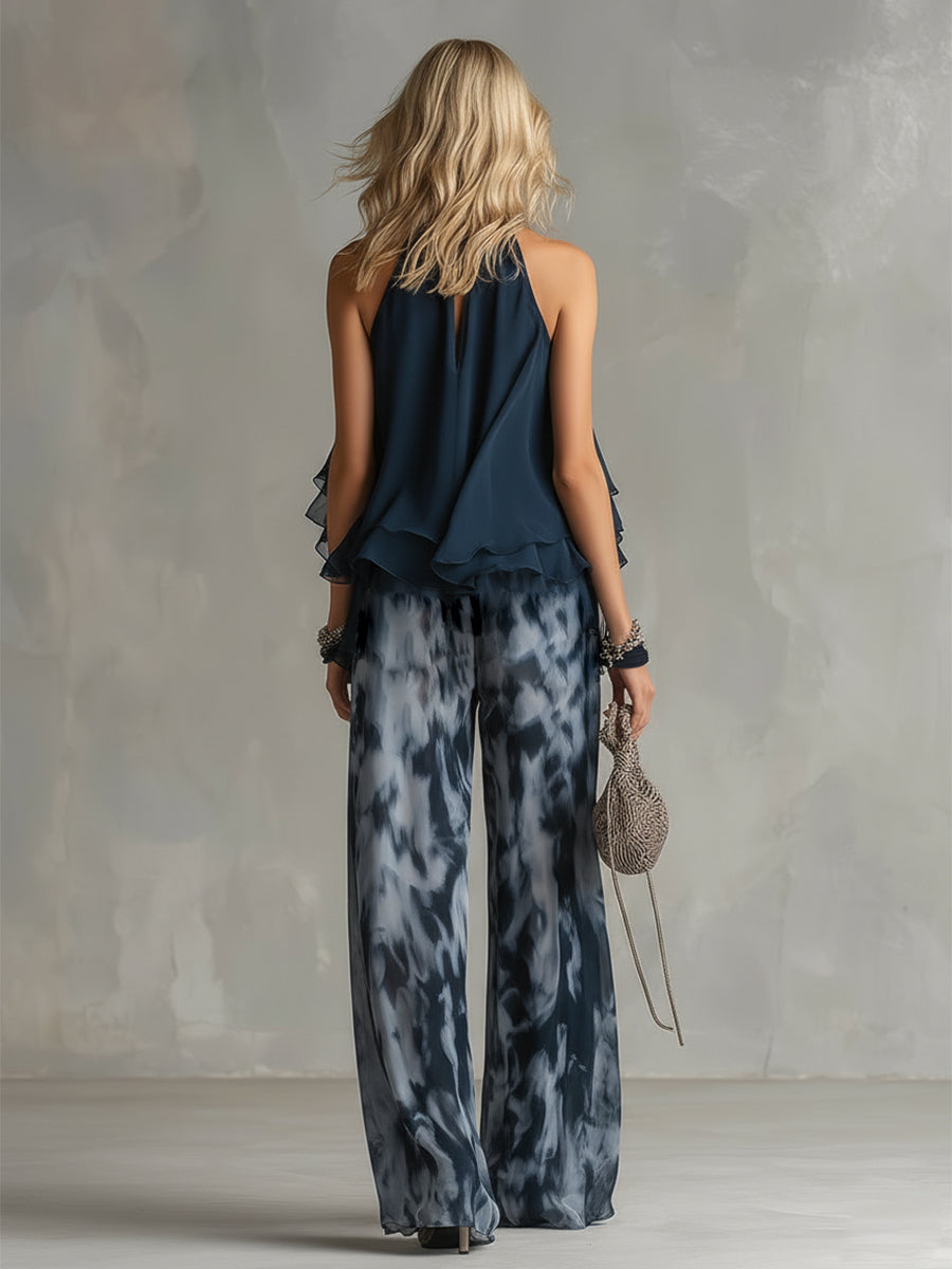 Halter Neck Cold Shoulder Ruffle Top and Printed Wide Leg Pants Two Piece Set 5