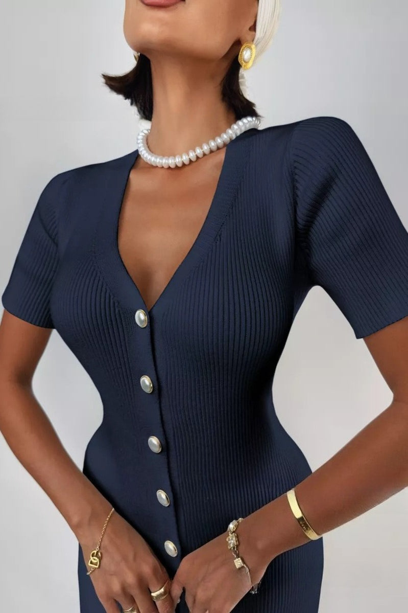 Waist Cinched V Neck Single Breasted Mini Sleeve Knit Maxi Sweater Dress