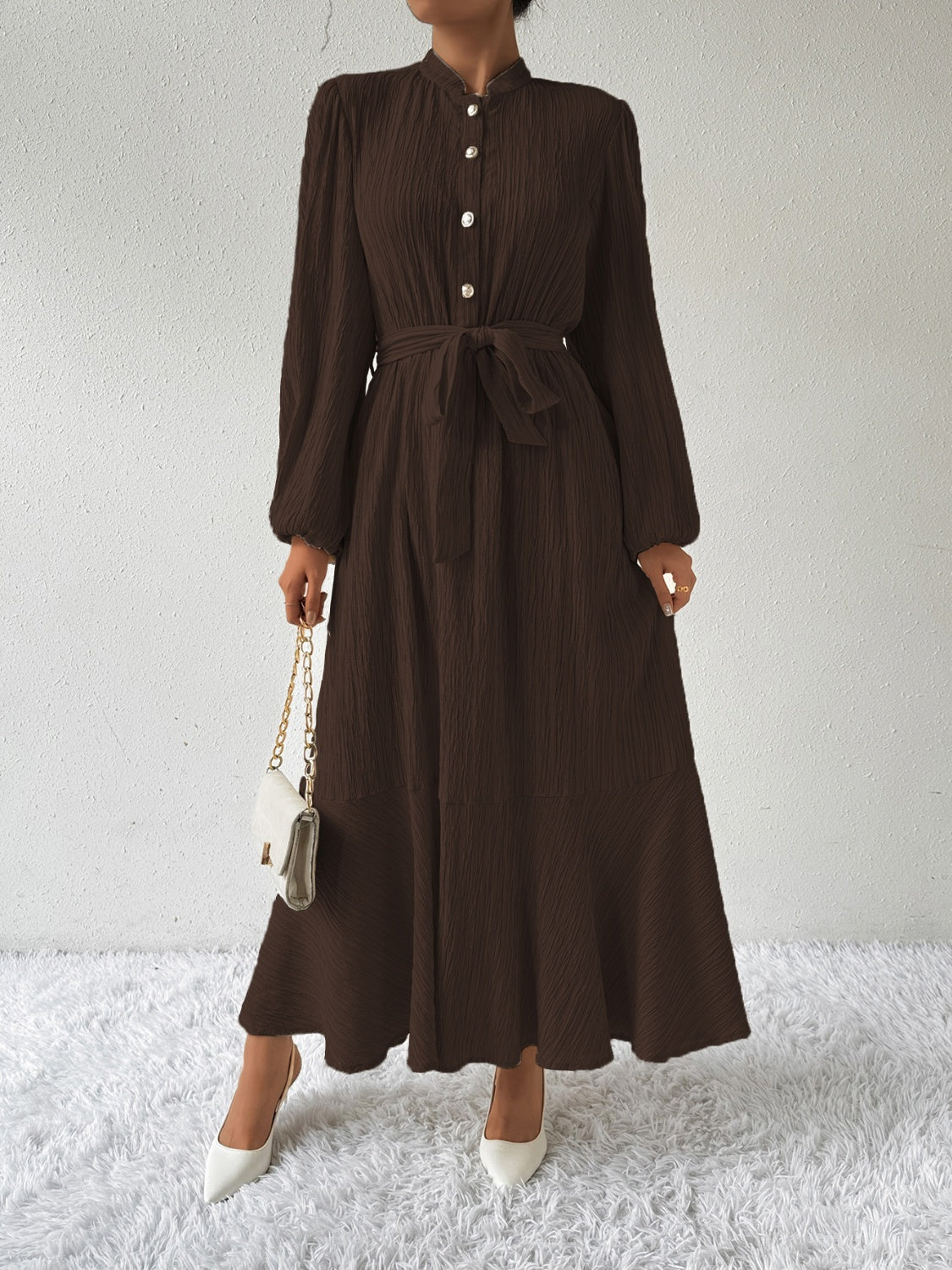 Plisse Mandarin Collar Button Front Bishop Sleeve Tie Waist Tiered Maxi Dress