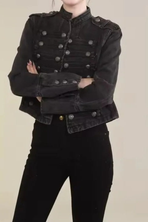 Cropped Denim Military Jacket