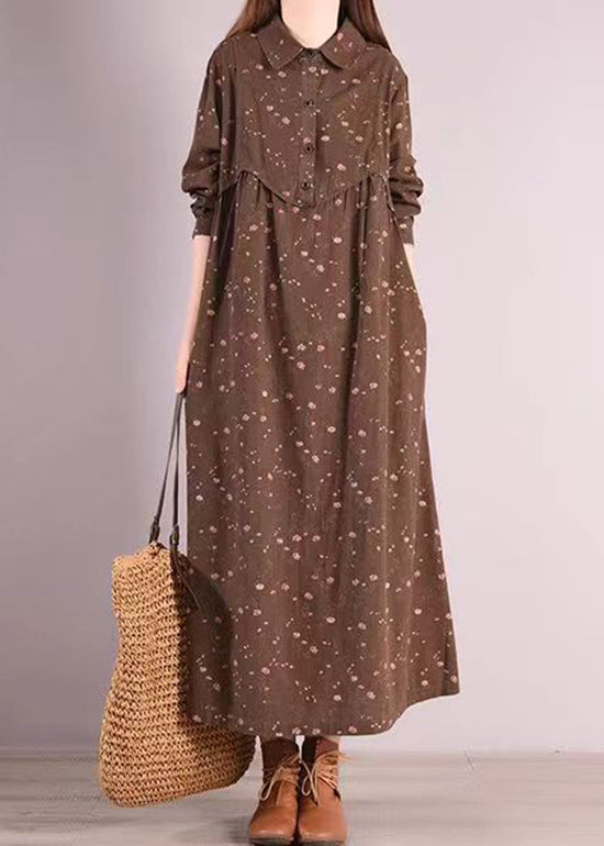 Ditsy Floral Print Collar Button Front Long Sleeve Pocket Maxi Shirt Dress