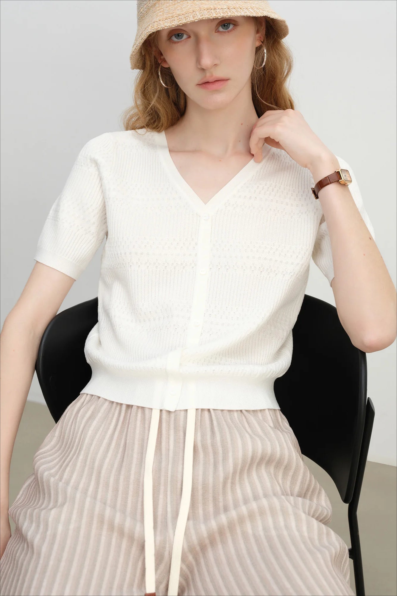 French Knit V-Neck Short Sleeve Cardigan