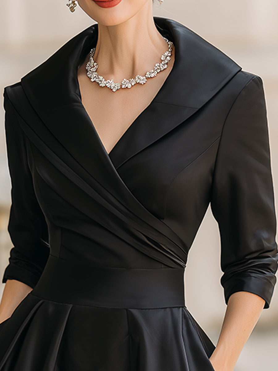 Satin Shawl Collar Wrap Ruched Fit and Flare Midi Dress Cocktail 2