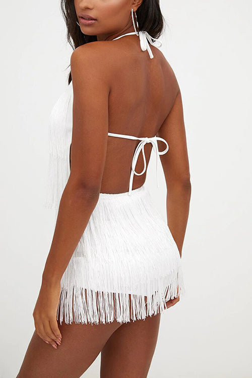 Halter Neck Open Back Tassel Hem Romper