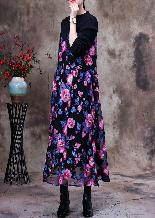 Floral Embroidered Mesh Overlay Long Sleeve Knit Maxi Dress