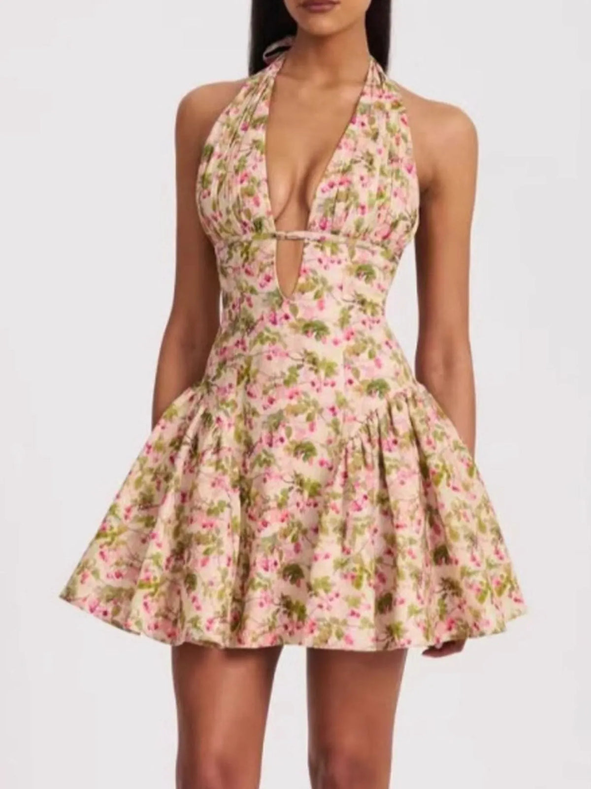 Floral Print Halter Plunge Keyhole Drop Waist Flared Mini Dress 3