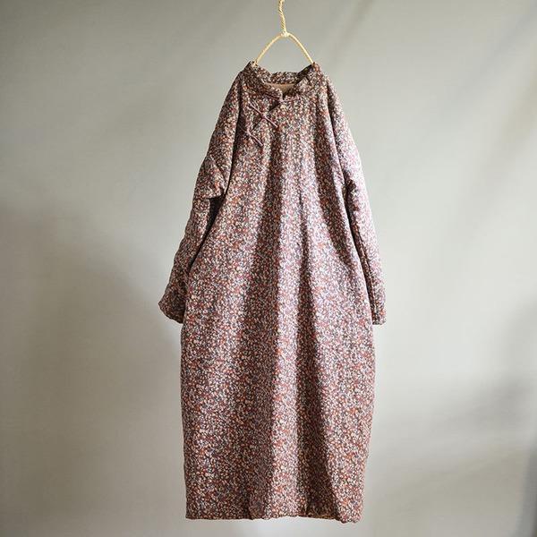Vintage Cotton Linen Print Padded Dresses Female 2020 Autumn Winter Dress