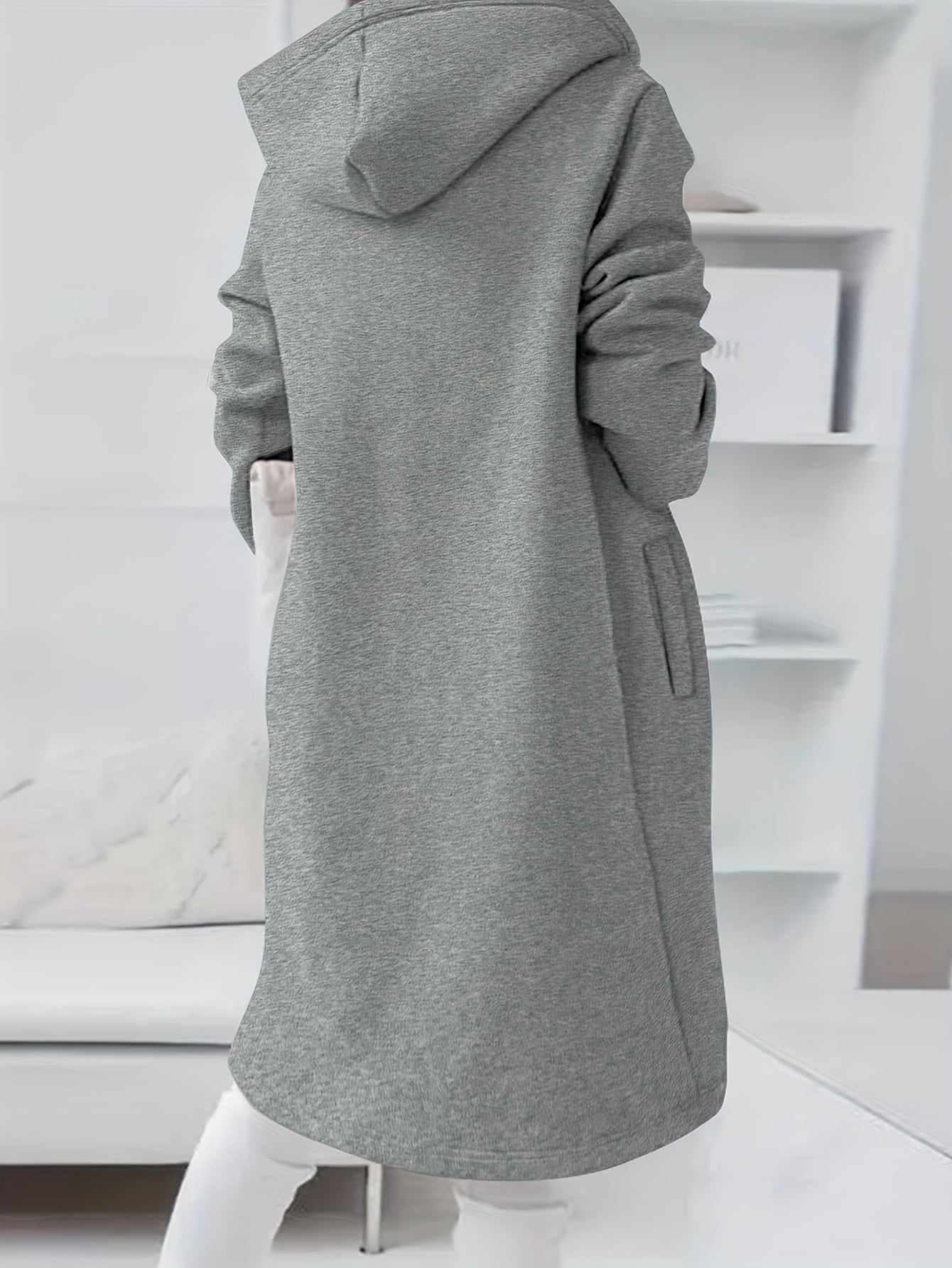 Solid Zipper Drawstring Midi Hooded Jacket