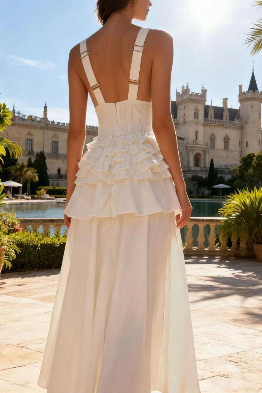 Deep V-Neck Sleeveless Corset Tiered Fit and Flare Midi Dress