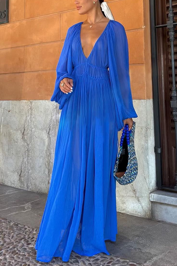 Sheer Chiffon Deep V-Neck Balloon Sleeve Ruched Waist Maxi Dress
