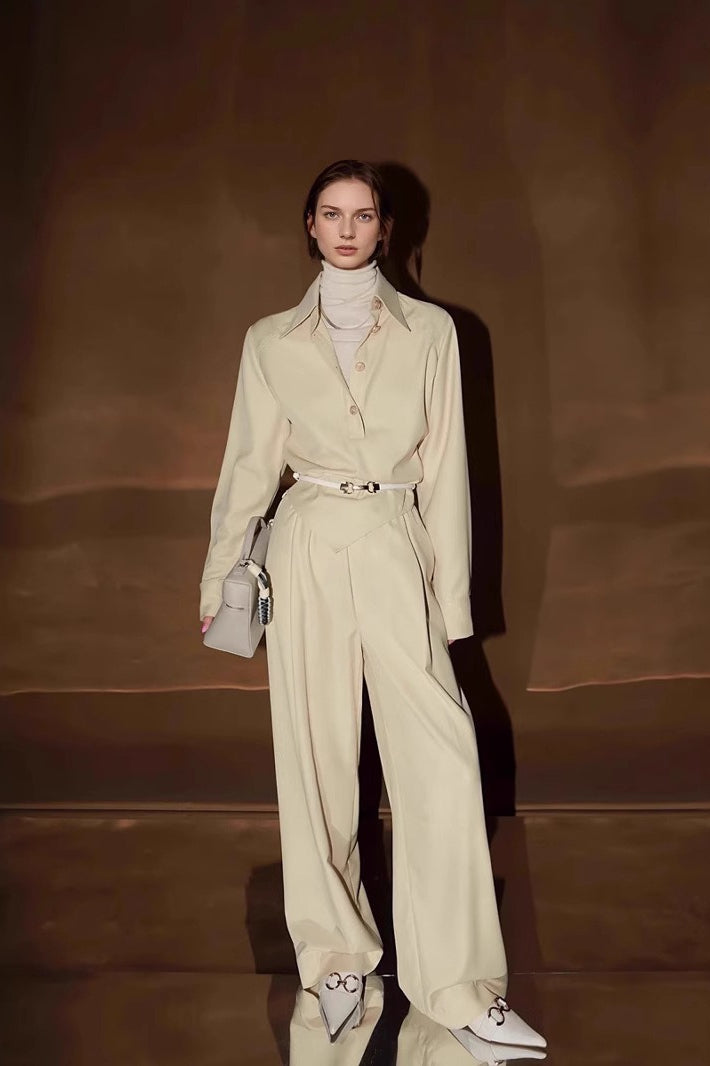 Collared Long Sleeve Shirt and Pleated Wide Leg Pants Two Piece Set