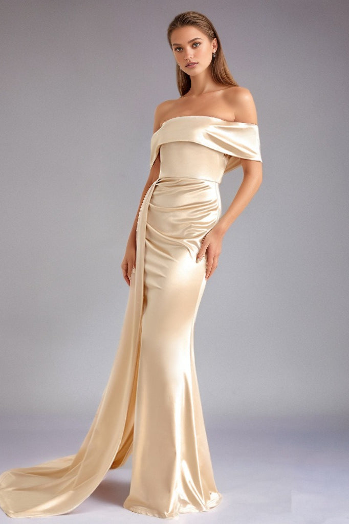 Solid Satin Off-Shoulder High-Waist Mermaid Silk Dress 2