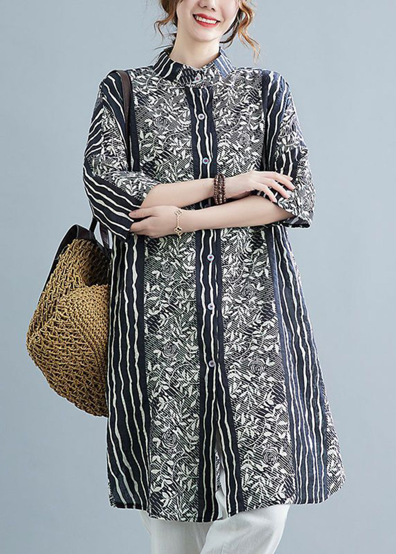 Floral Print Collar Button Front Panel Stripe Shirt Dress