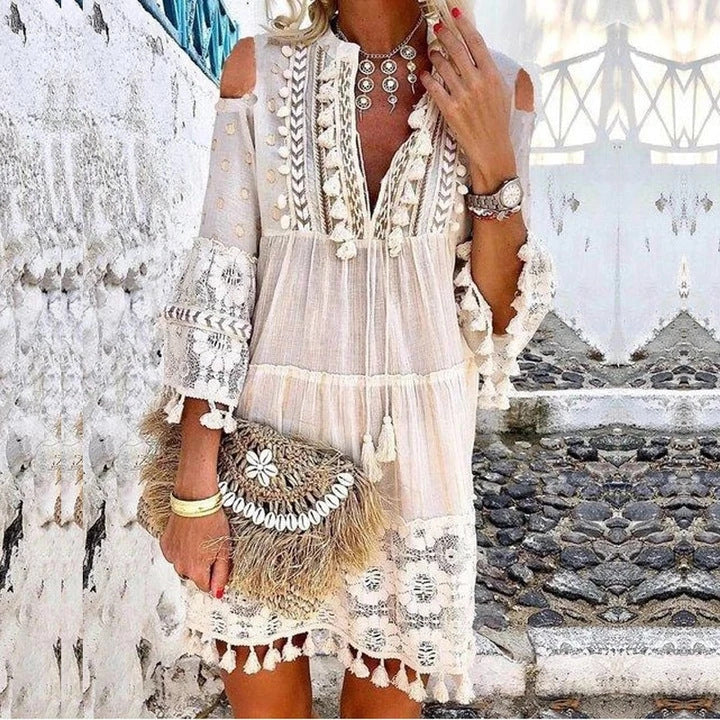 Deep V-Neck Tassel Trim Lace Insert Bell Sleeve Tiered Drawstring Dress