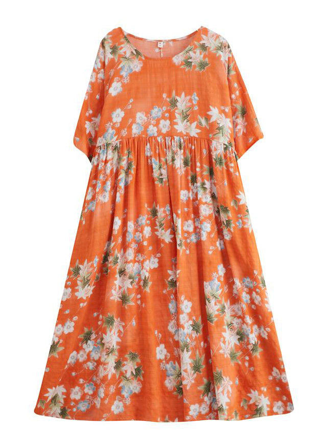 Floral Print Round Neck Elbow Sleeve Empire Waist Crinkled Textured Woven Maxi Dress