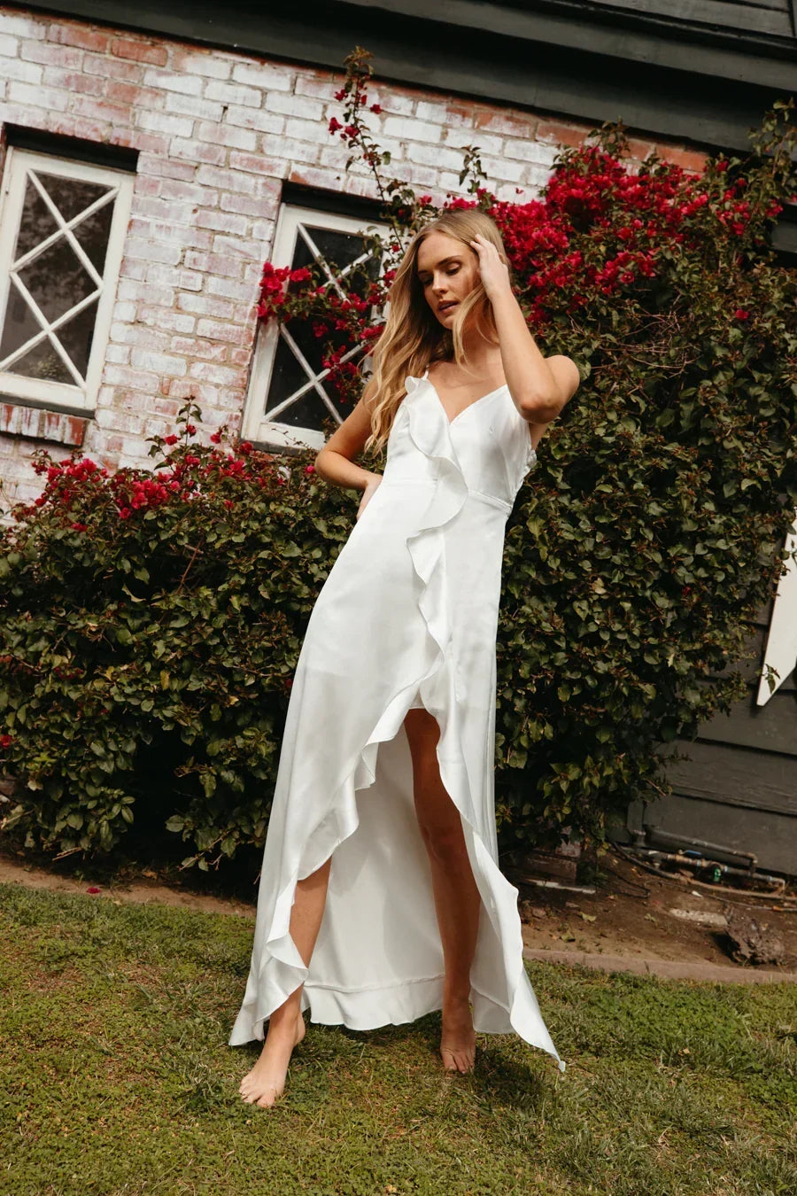 Satin Ruffle Trim V-Neck Cami High Low Maxi Dress 4